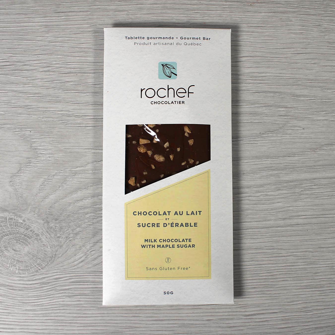 Rochef Chocolatier Tablette de chocolat au lait et sucre d'érable 50g Gourmandise Rochef Chocolatier